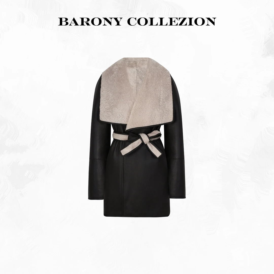 BARONY【86120】珍珠羔拉贡LACON经典大披肩领双穿皮草外套皮毛一体