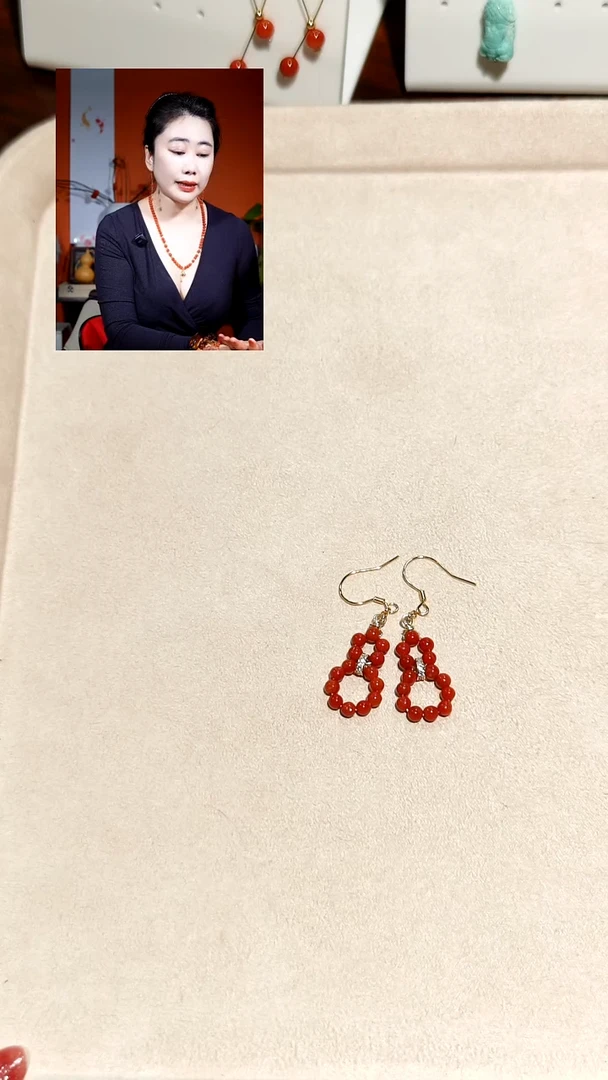 银S925镶嵌柿子红南红玛瑙福禄耳环