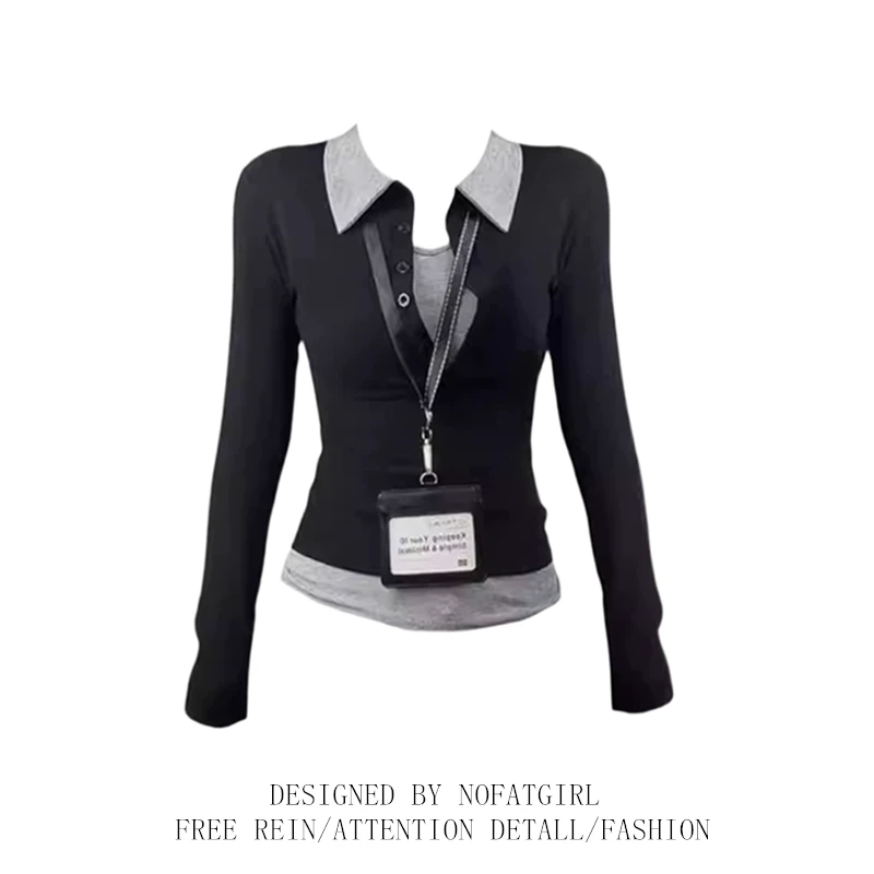 大码胖MM设计感撞色假两件长袖T恤女秋季小众修身显瘦气质感上衣