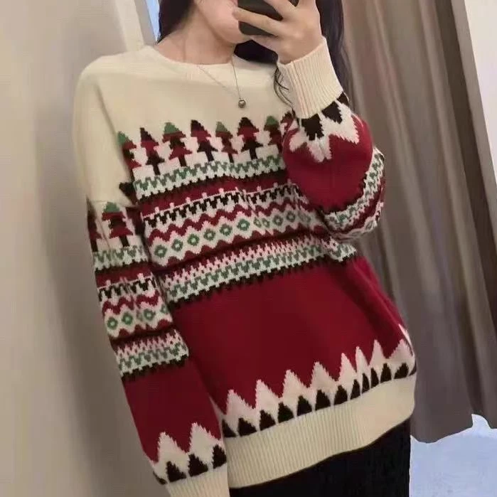 100%纯山羊绒圣诞宽松提花圆领毛衣