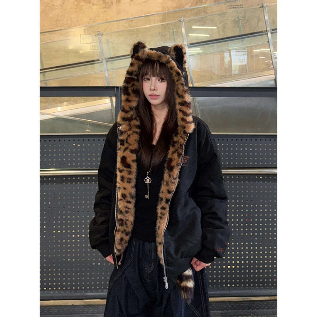 小众炸街高级感女装连帽外套秋冬百搭豹纹加绒加厚保暖棉服
