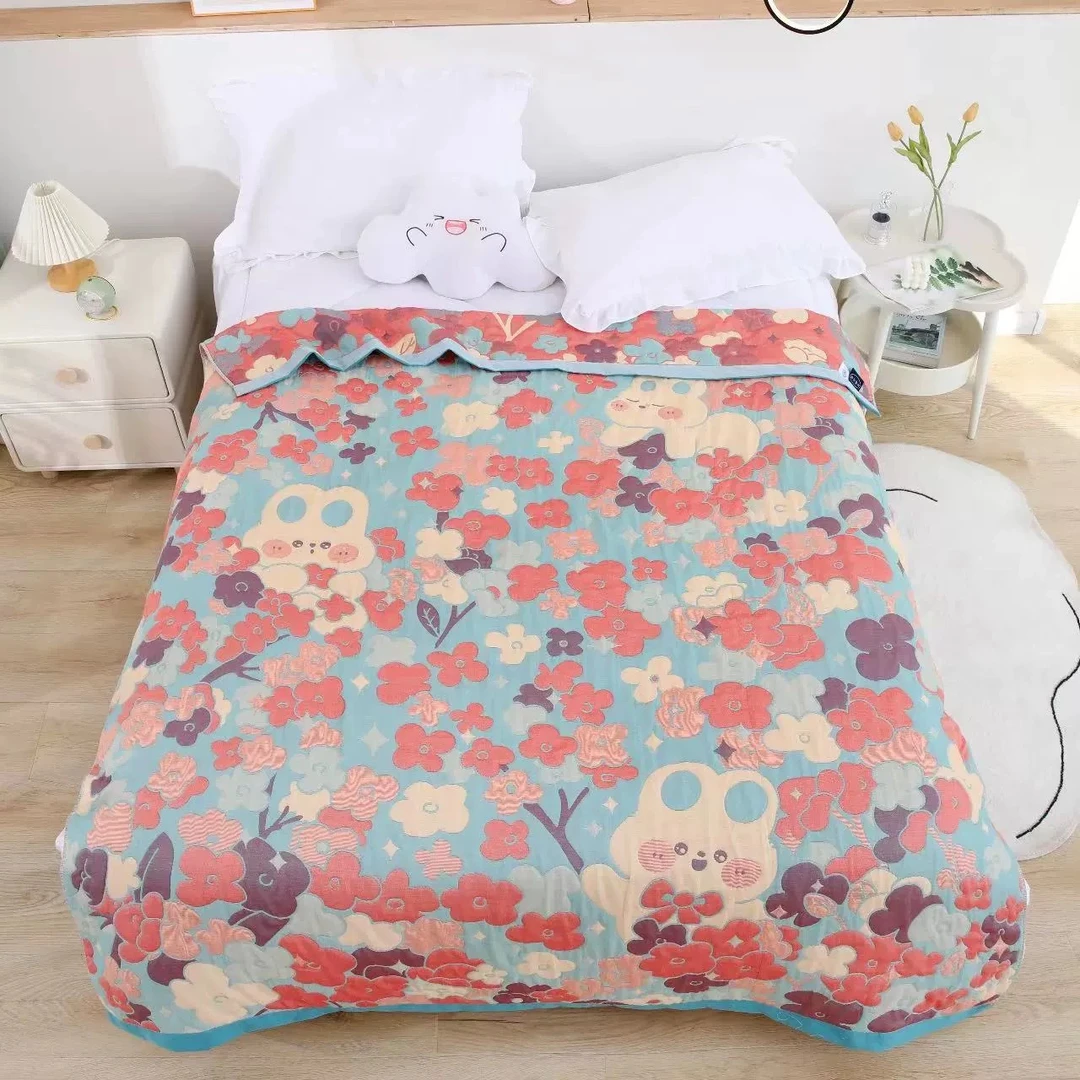 【R床盖-花朵小兔】200*230cm多层纱布棉布柔软通用床盖