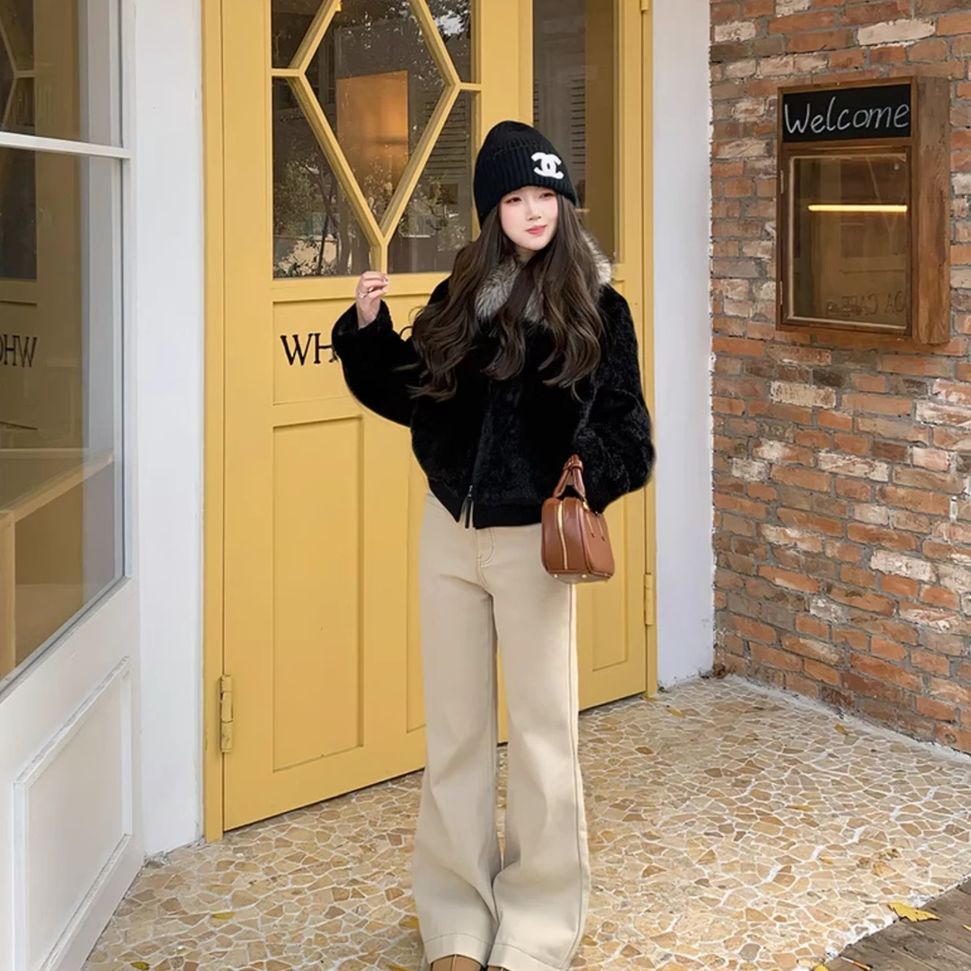 Huangzuozuo佐佐家小个子微喇加绒加厚牛仔裤冬季女显瘦直筒裤子