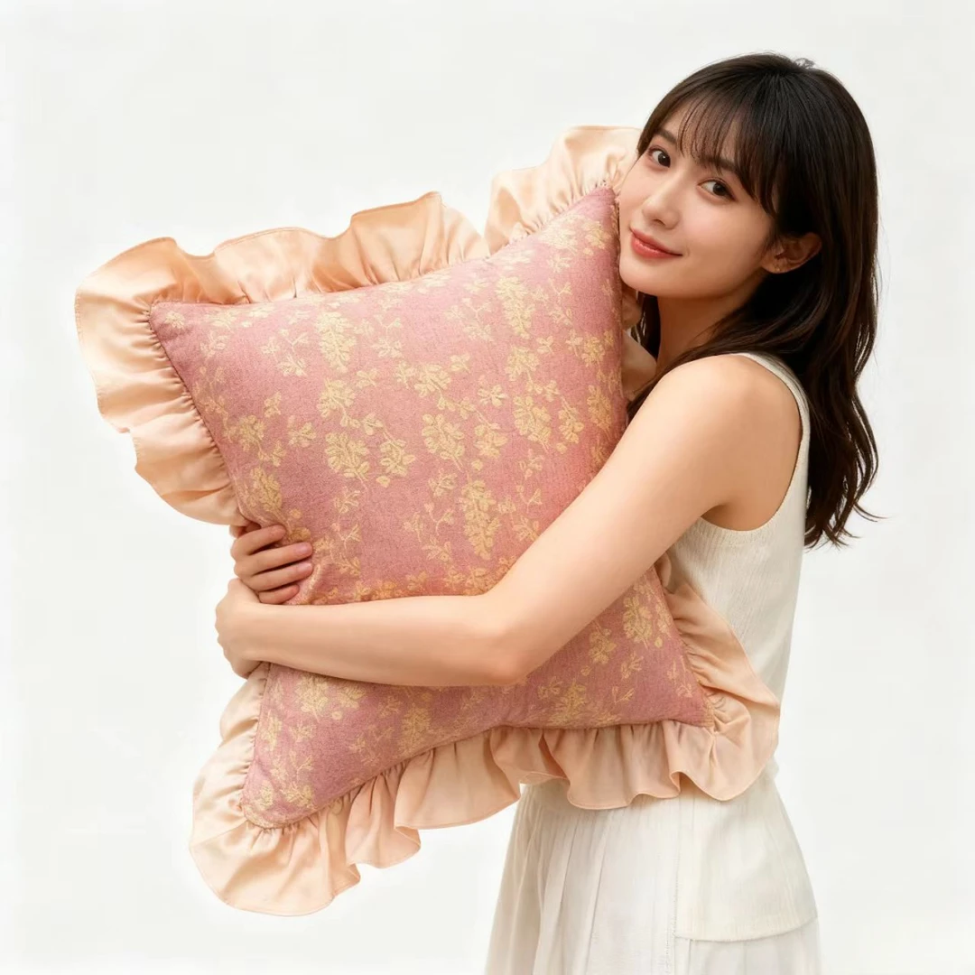 【不含枕芯1个装】桃花诺-橘粉色公主风抱枕套50*50cm