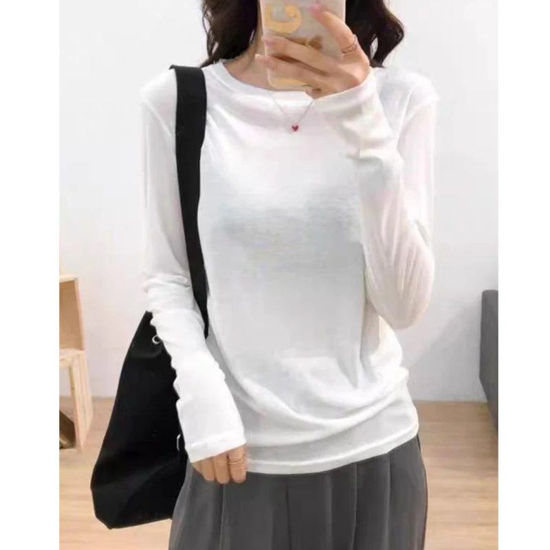 欧货白色长袖t恤女2025新款春秋薄款内搭灰色打底衫宽松显瘦上衣