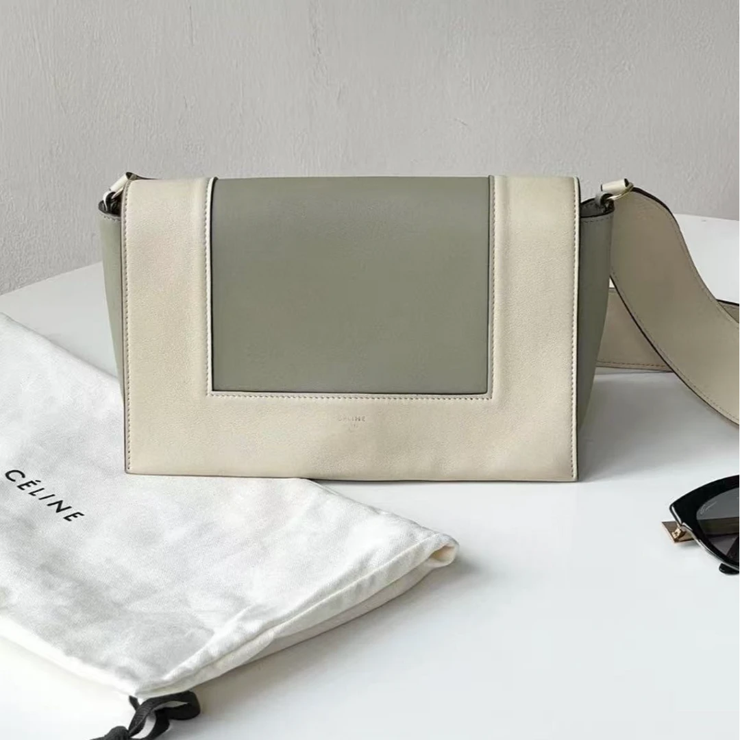99新 Celine/思琳 frame雾霾蓝拼米白色单肩斜挎包
