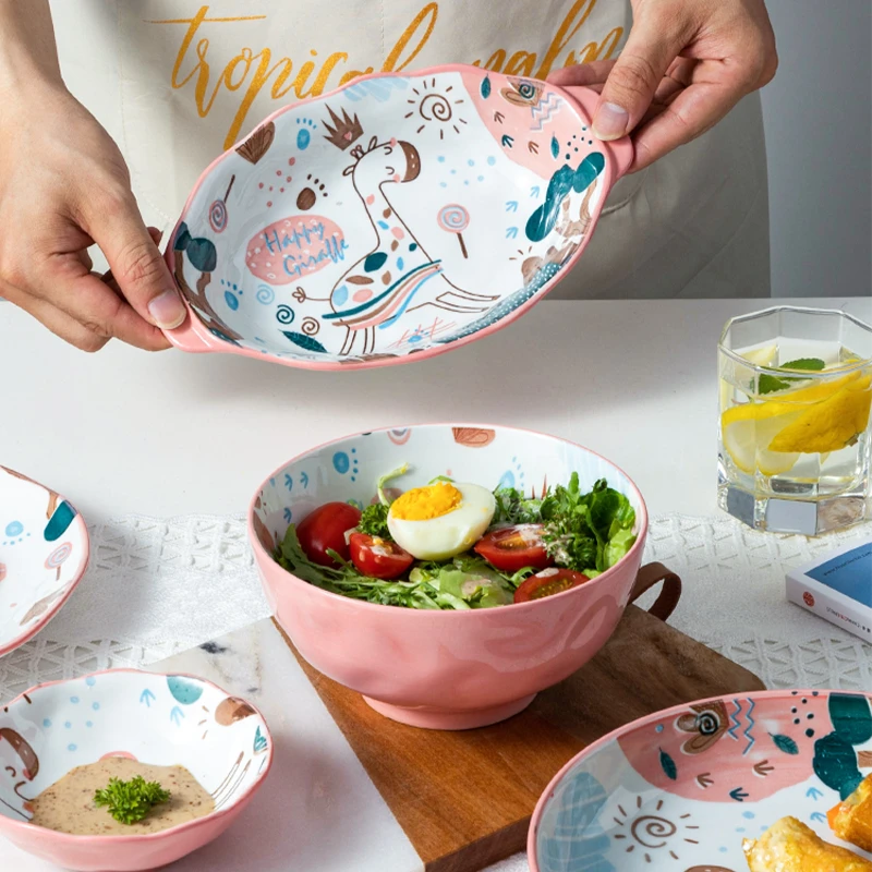 （宠粉福利）骏酷一鹿向阳可爱陶瓷餐具少女粉饭碗盘餐盘碟釉下手绘