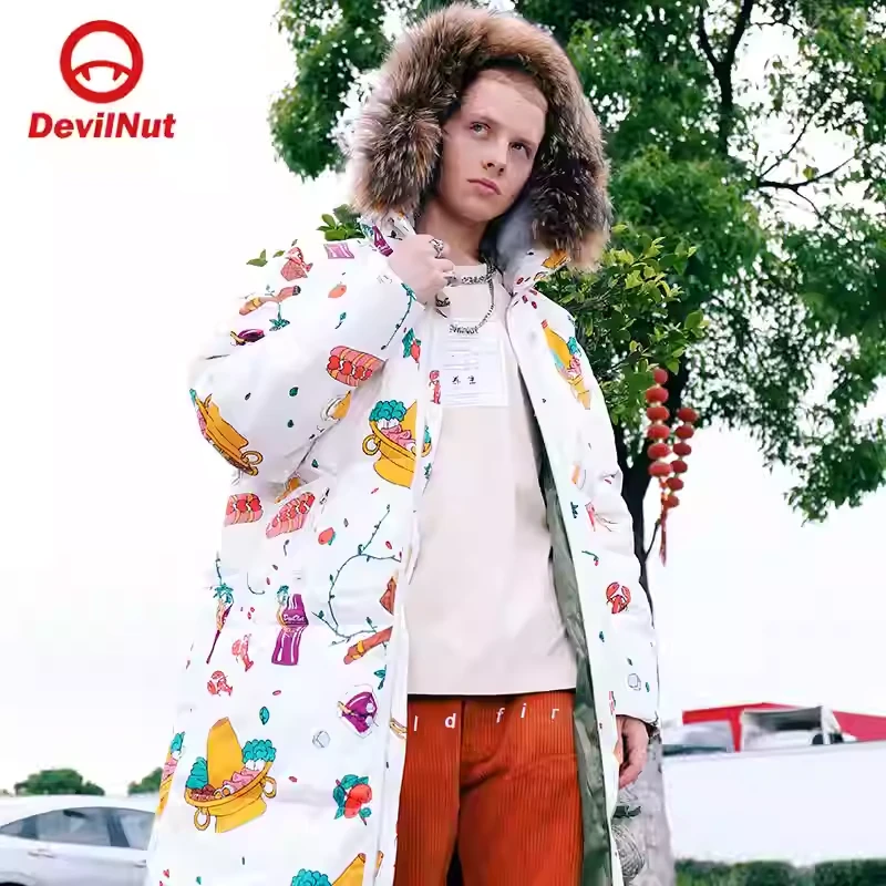 DEVILNUT潮牌恶魔秋冬无性别情侣款保暖羽绒服连帽加厚冬季中长款