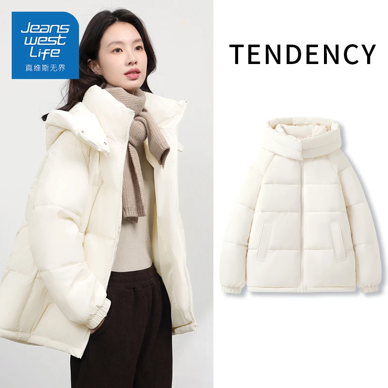 真维斯无界冬季白色连帽常规款棉服纯欲甜美风百搭休闲上衣轻暖女