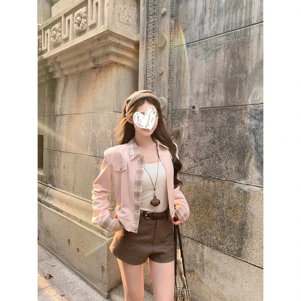 多伦多秋日 粉色翻领撞色百搭长袖外套女气质显瘦格纹夹克上衣