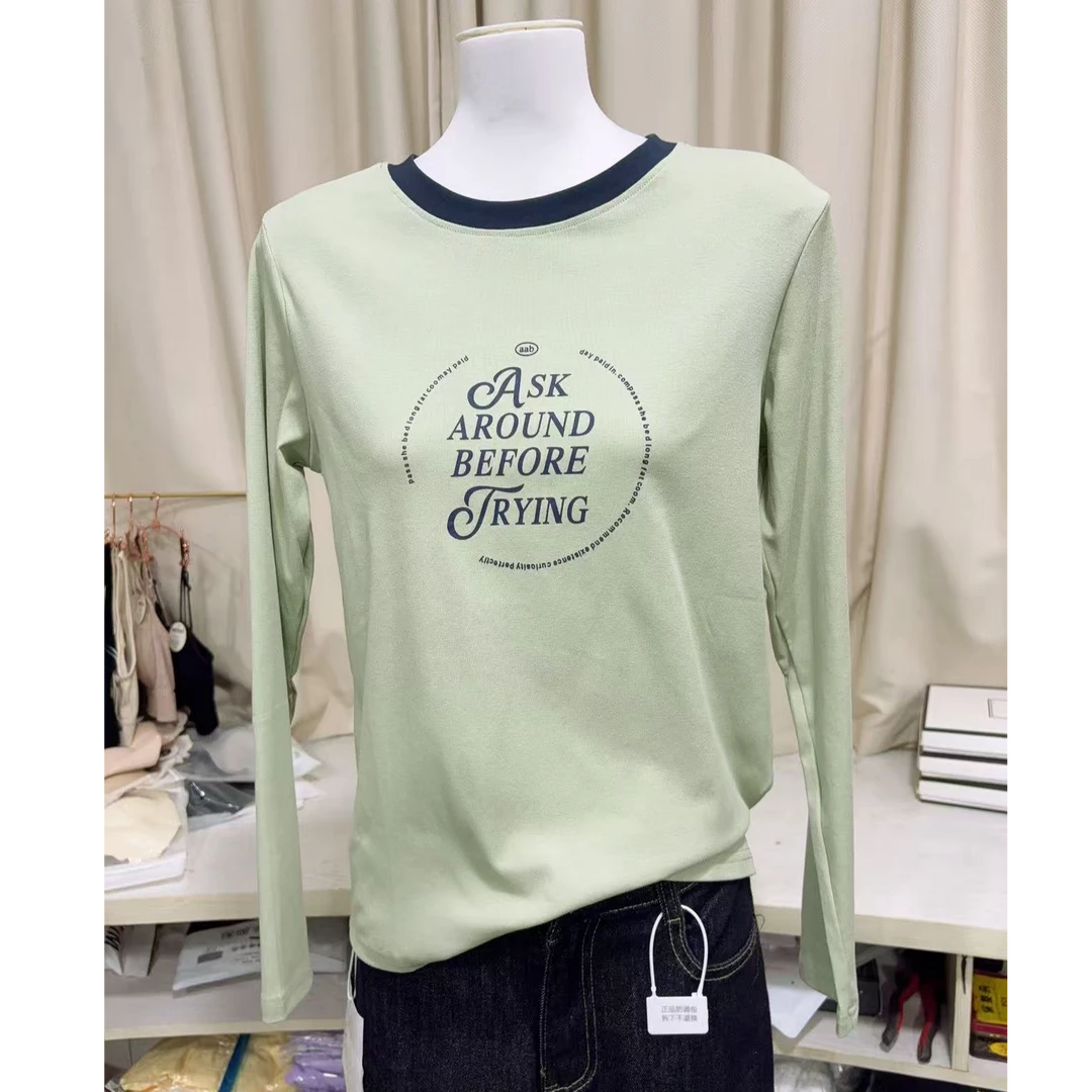 新款A3140浅绿撞领AS英文圆长袖