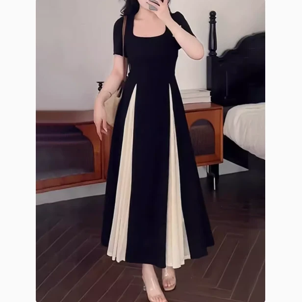25新款微胖mm夏季通勤好穿搭时尚气质撞色设计收腰显瘦方领连衣裙