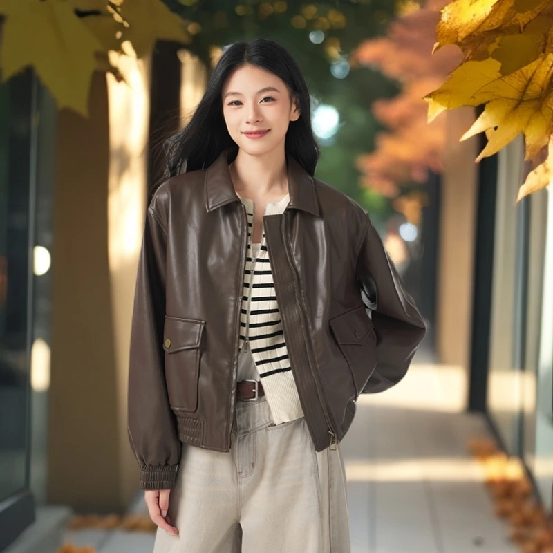 热风秋季新款棕色复古港风机车夹克外套pu皮夹克女F07W4300