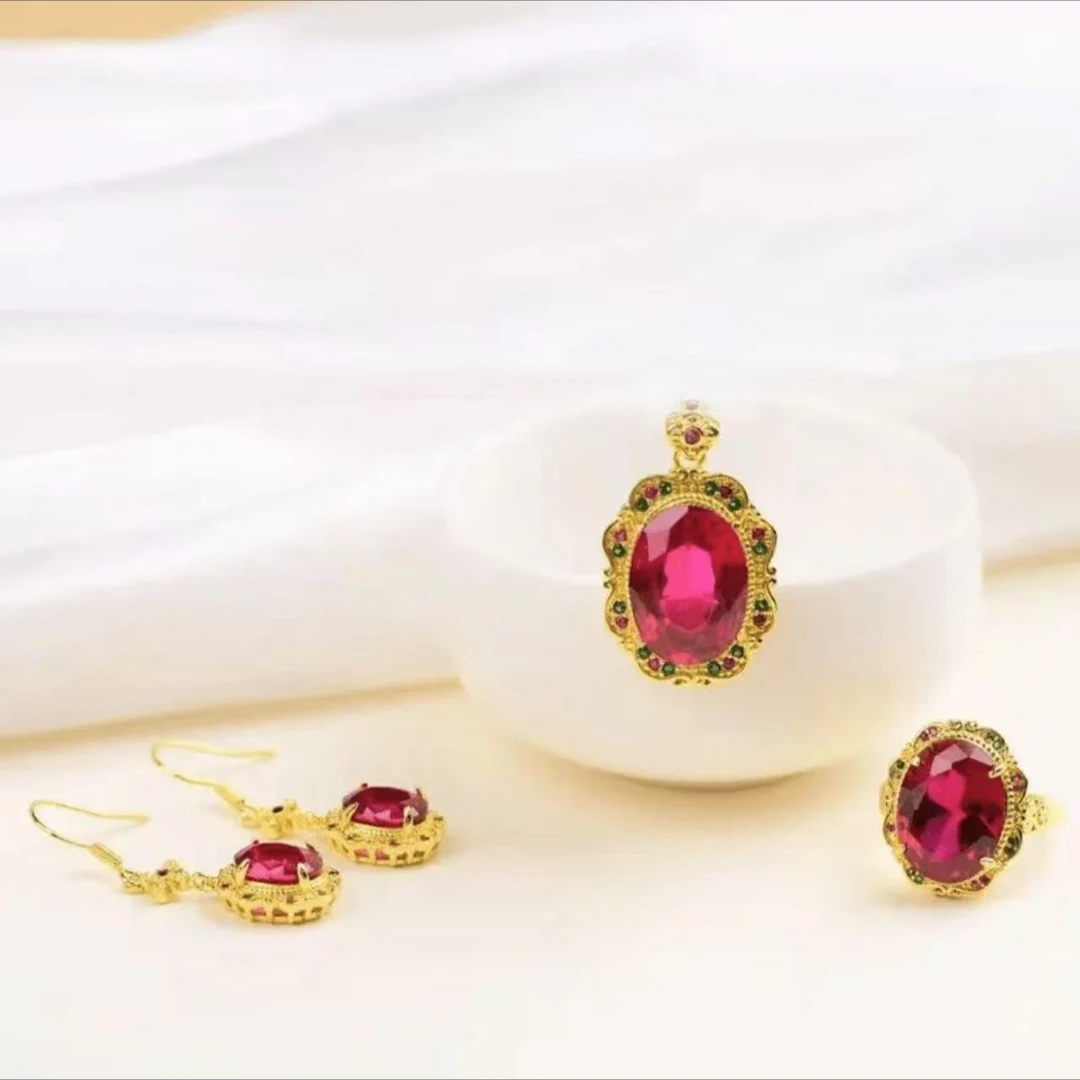 培育红宝石【安欣.】匠心培育红宝石合金镶嵌套装赠链【POT01】