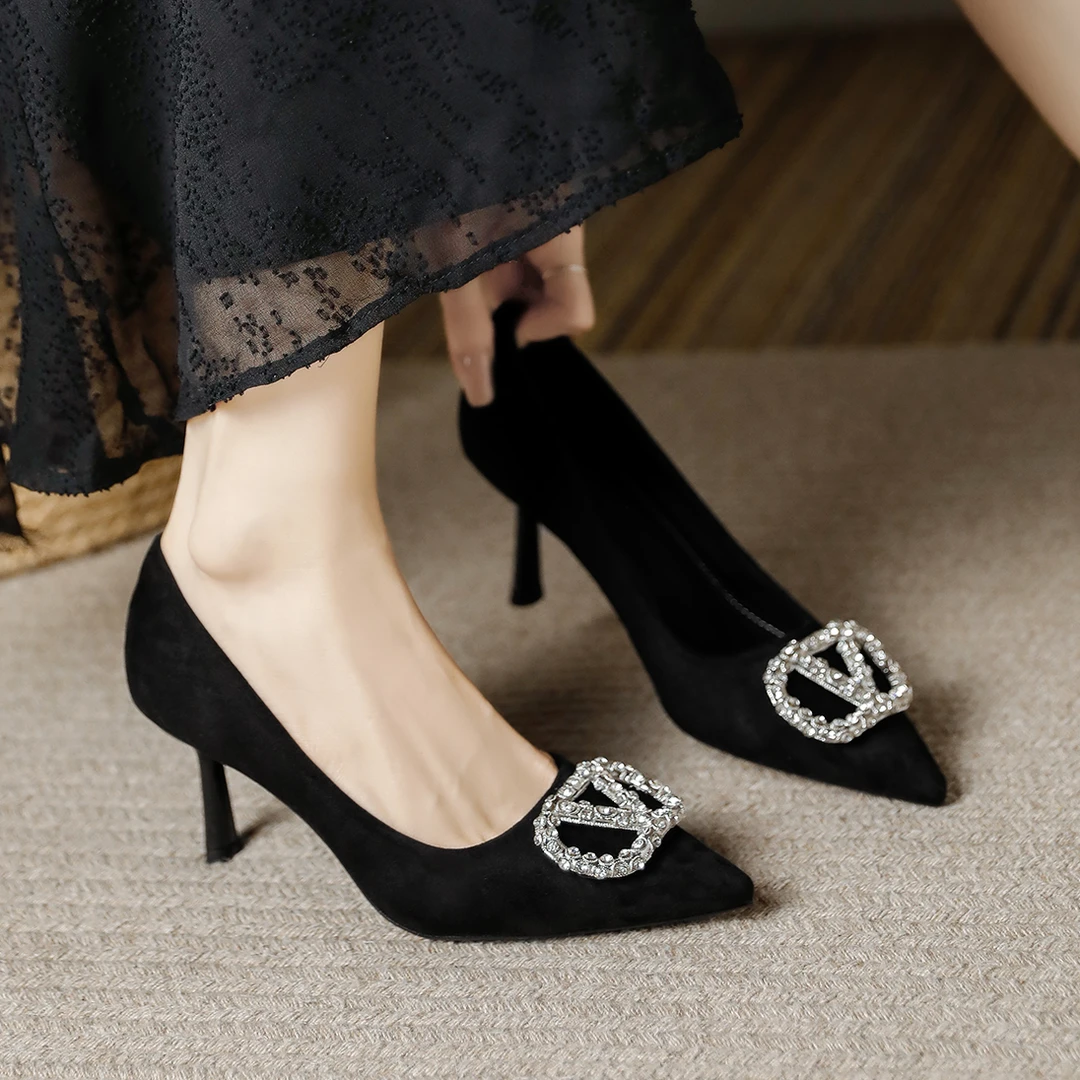 傅老巧/FULAOQIAO黑色细跟高跟鞋女春秋新款水钻浅口法式尖头单鞋