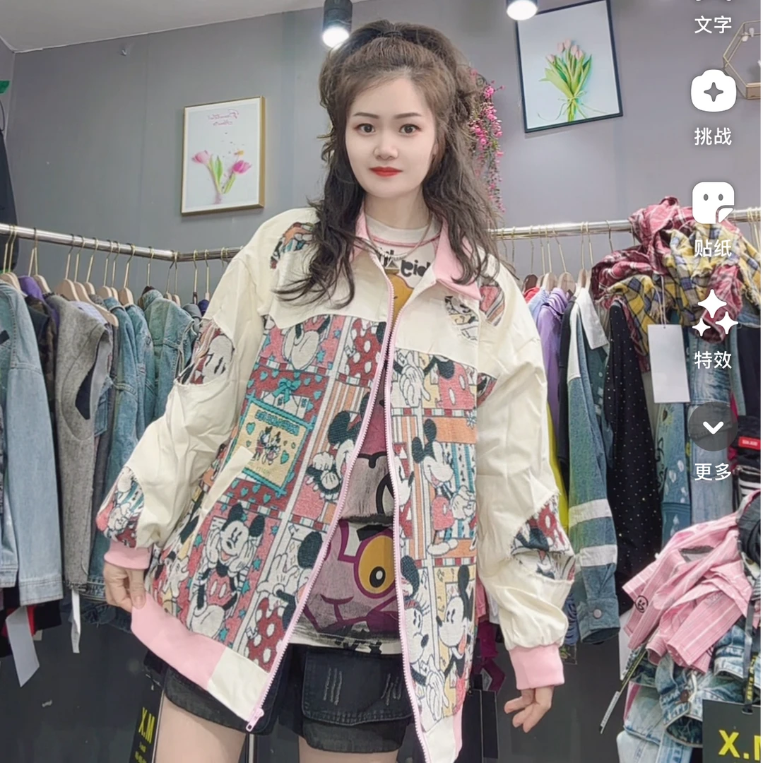 LY家698#卡通印花牛仔拼接翻领休闲百搭外套