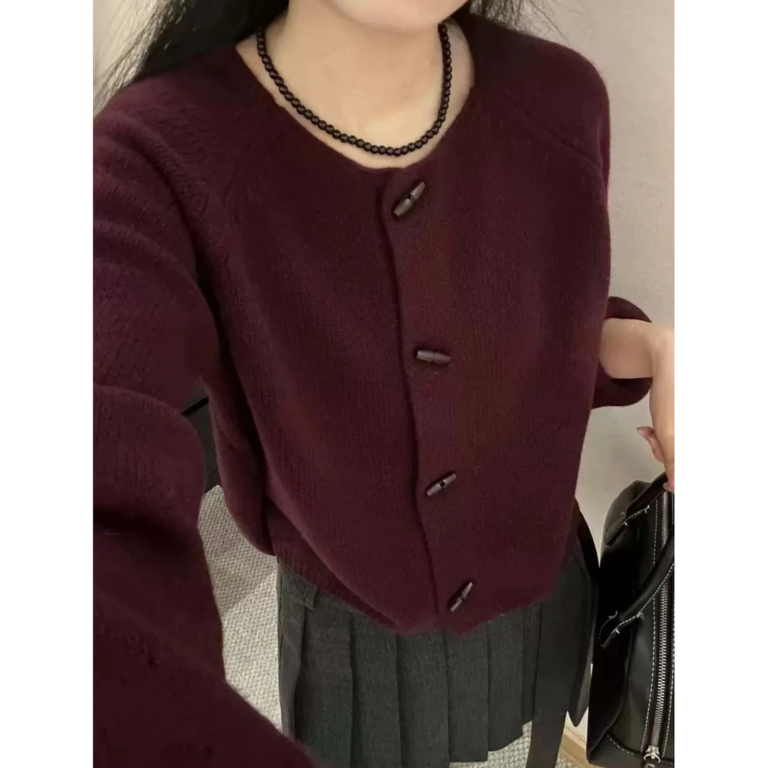 3418【灯笼袖卷边牛角扣开衫】秋季气质毛衣慵懒风女士上衣