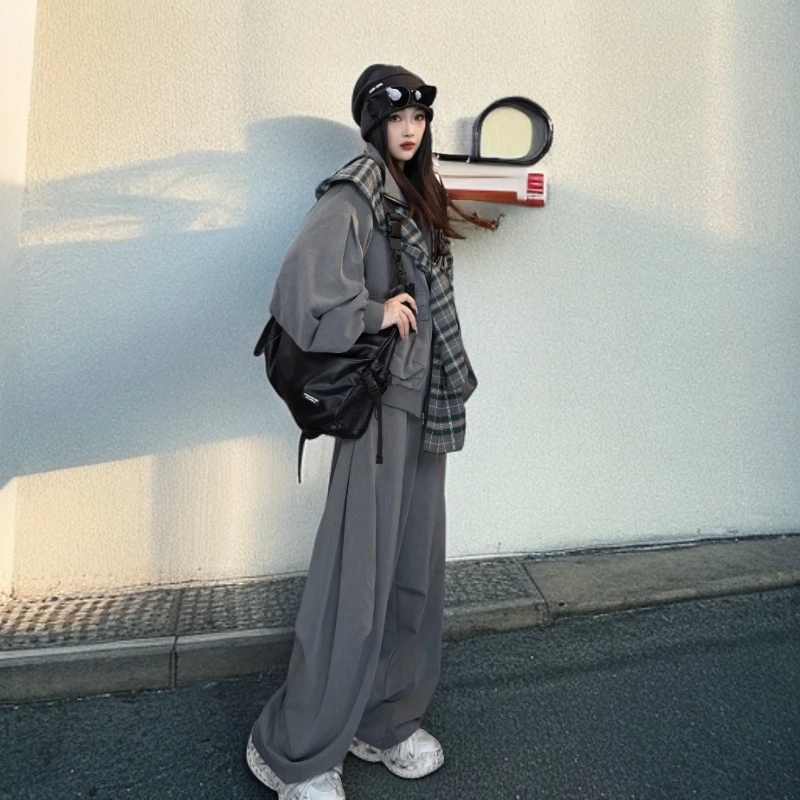 美式复古格子披肩可拆卸设计原创外套男女秋季宽松异形帽夹克套装