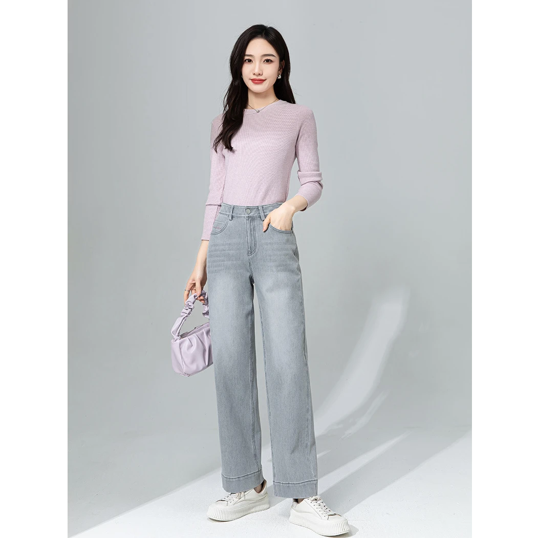 韩版休闲高腰九分牛仔裤女秋季新款小个子显瘦显高大码弹力直筒裤