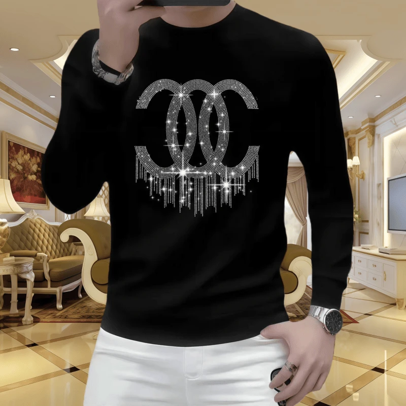 圆领秋冬潮流卫衣套头烫钻休闲长袖上衣时尚男士百搭修身打底衫潮