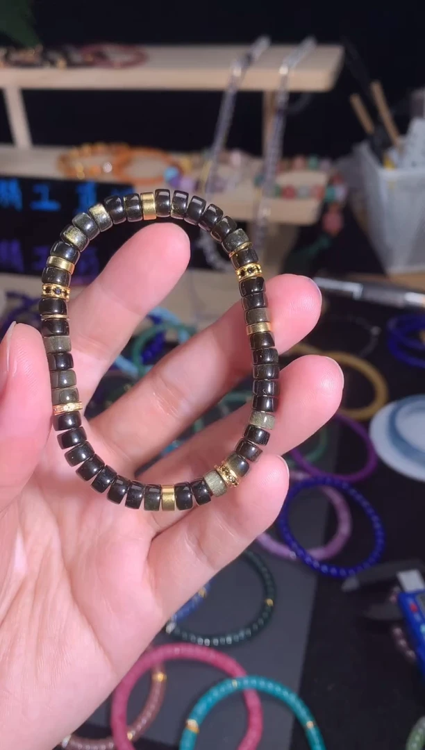 黑曜岩银S925镶嵌手串黑曜石金曜石直切药片手串DIY款6mm