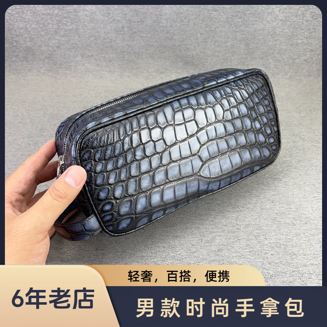 鳄鱼真皮男士手拿包时尚休闲手包轻奢手夹包大气百搭手工擦色灰色