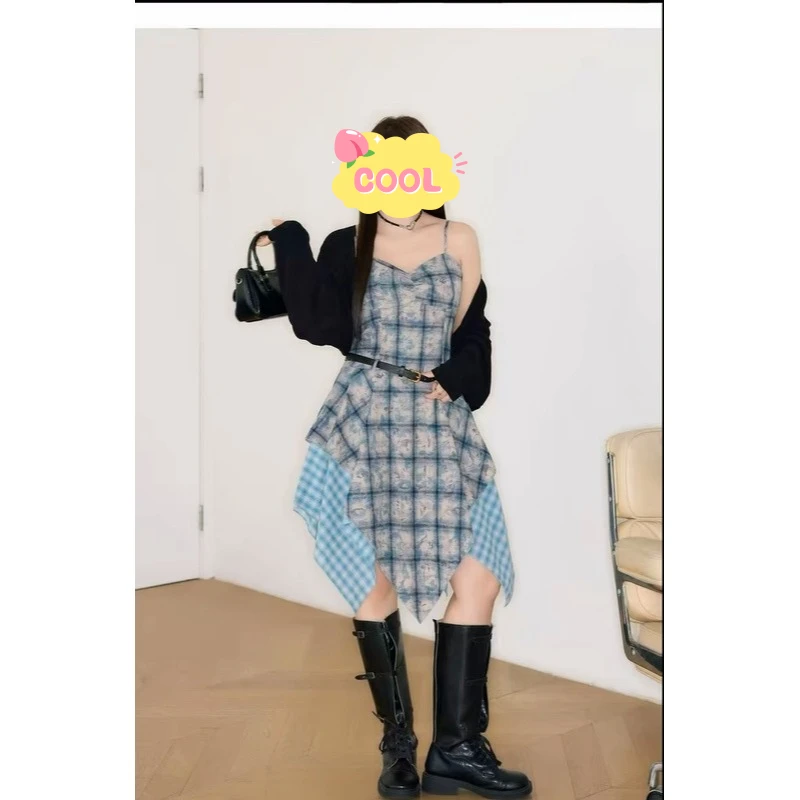 大码时尚设计感美式不规则格纹吊带裙夏季套装女9901#