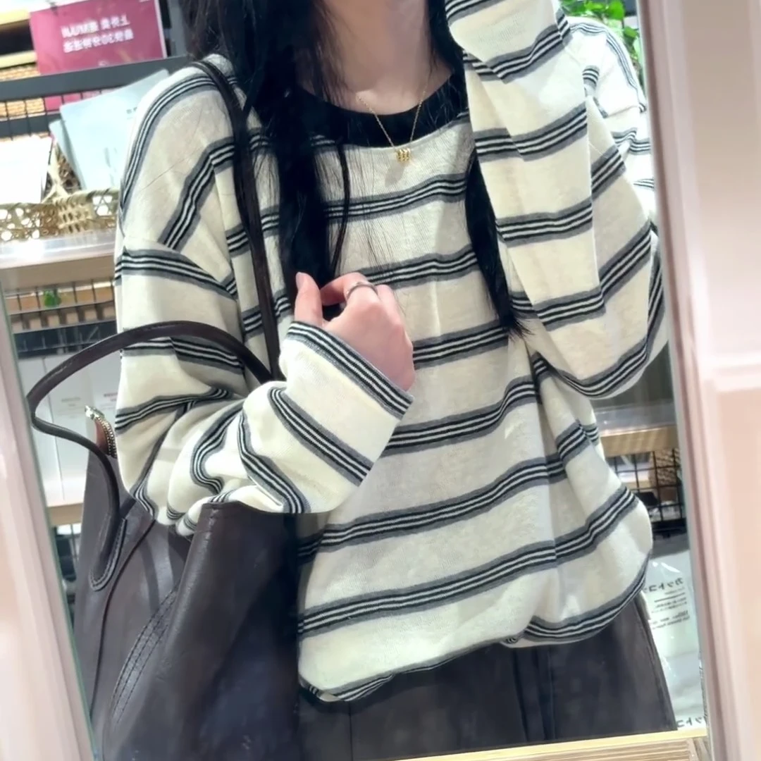 高级感条纹针织打底衫女内搭早秋流行韩系穿搭chic别致松弛感上衣