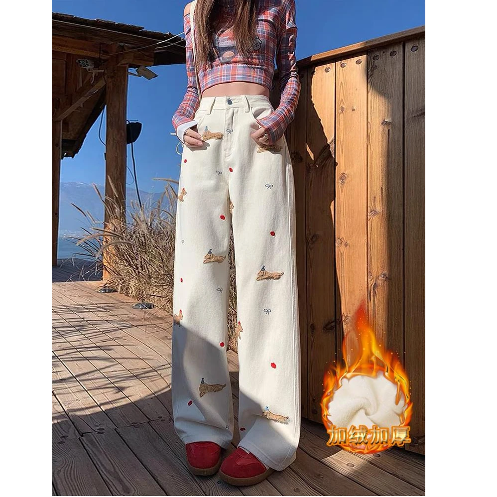 NN米白色腊肠狗刺绣圣诞高腰加绒牛仔裤女2025冬季设计感阔腿裤