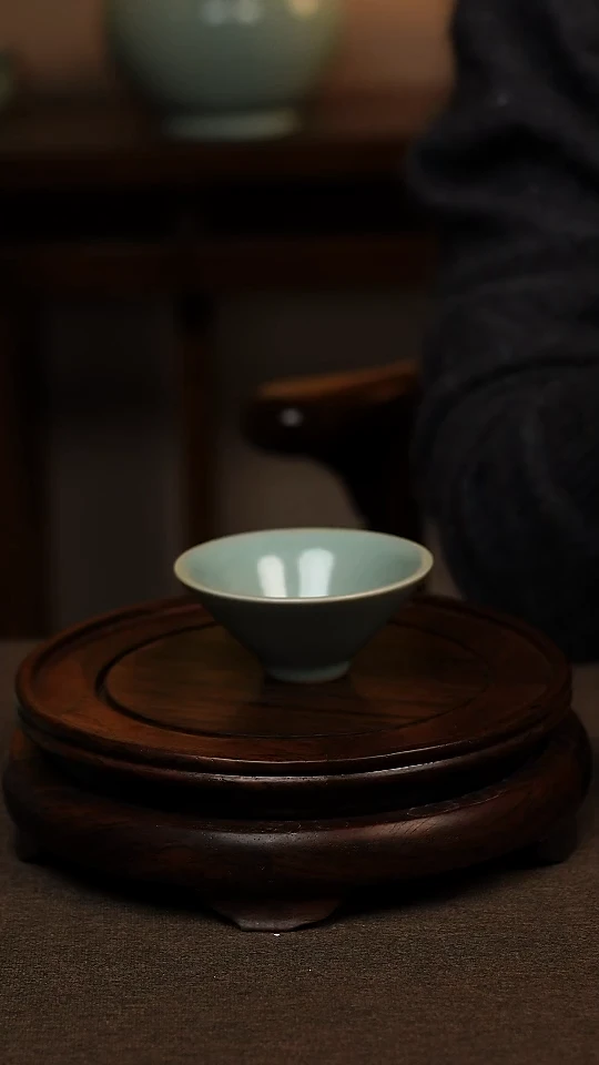 瓷片仿古天青斗笠杯60ml 微瑕 不带礼盒