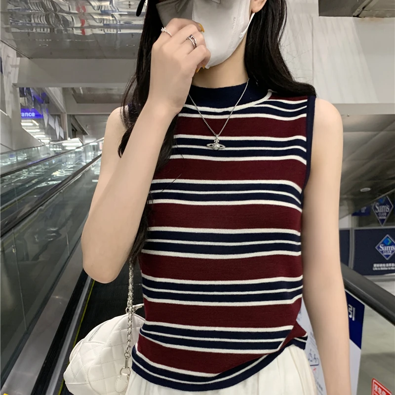 甜辣妹修身显瘦无袖吊带背心新款法式纯欲风撞色条纹半高领针织衫