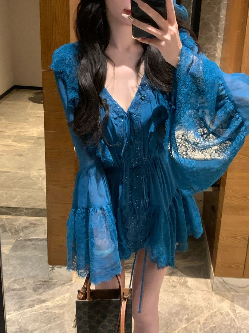 夏沫 孔雀蓝蕾丝时尚顺纡绉上衣式短裙