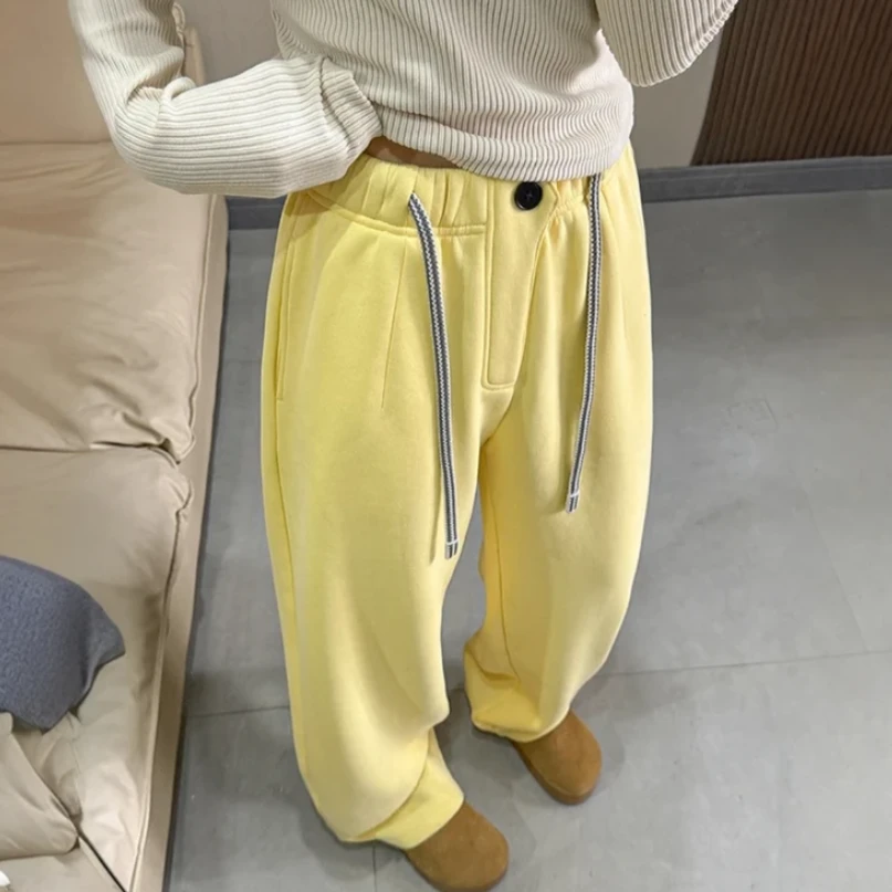 韩系一粒扣撞色休闲卫裤冬季加绒裤子女百搭高腰弯刀裤显瘦阔腿裤