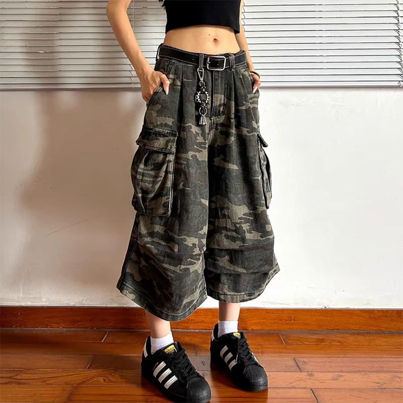 DDNX弯刀型七分裤迷彩工装裤男女同款美式街头宽松直筒阔腿短裤潮