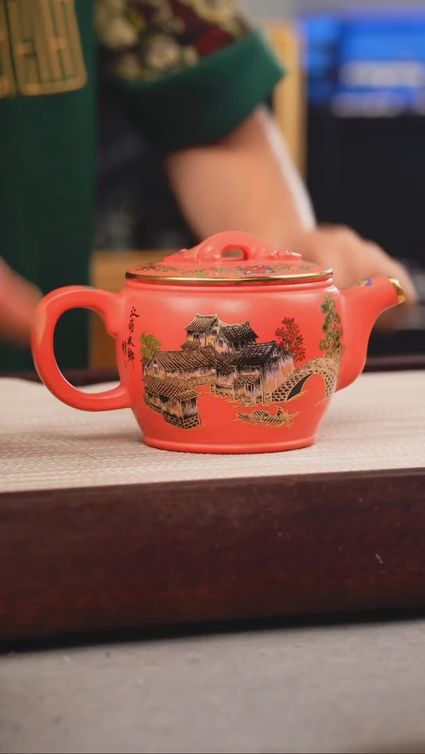 茶壶紫砂玫红朱泥 汉瓦 忆江南珐琅彩