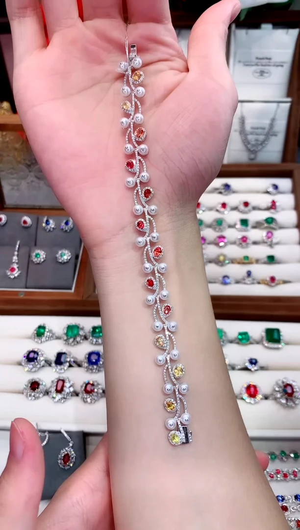 手链彩色蓝宝石18K金镶嵌3.09ct/天然宝石/七天无理由