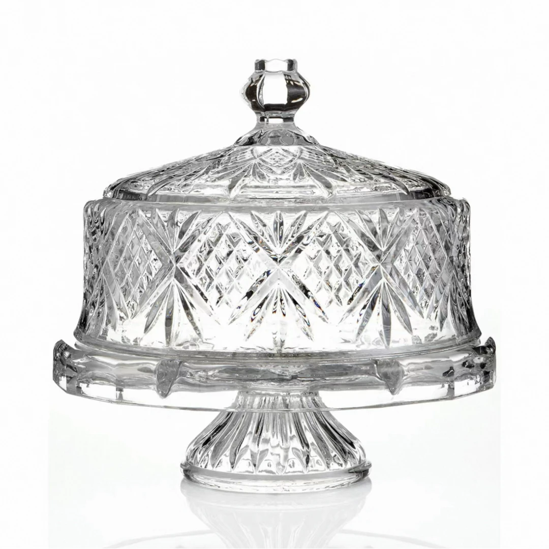 都柏林蛋糕盘无铅水晶玻璃雕刻4合1用途带盖高脚蛋糕盘10英寸