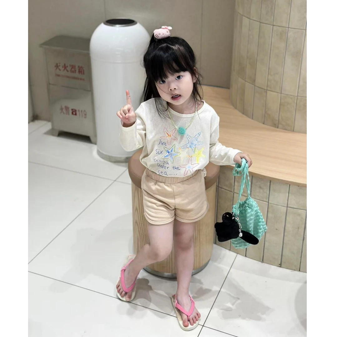 小思家女童25夏季甜美韩系洋气印花长袖宽松上衣百搭休闲短裤套装