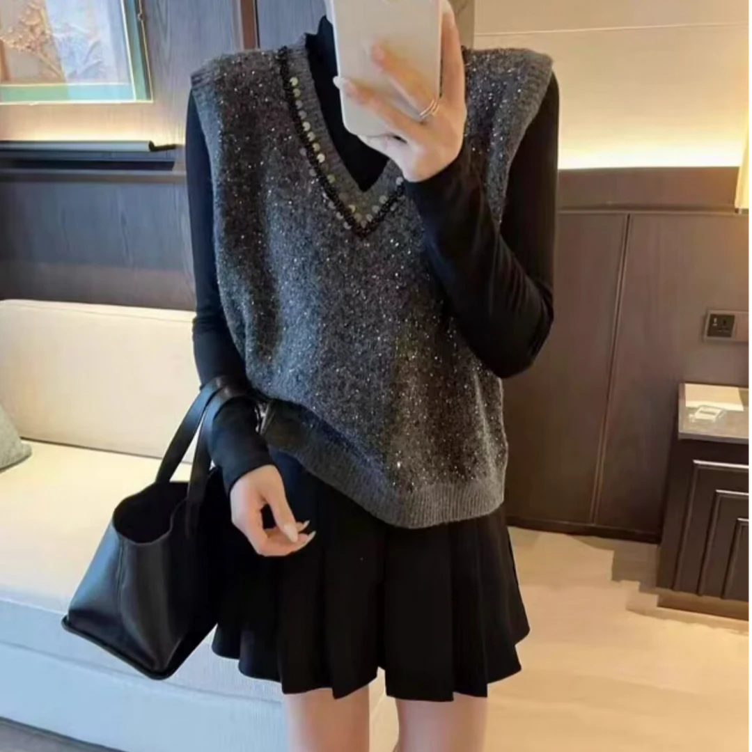[新年款]气质高定V领亮晶晶毛衣马甲欧洲站2025春秋新款时尚亮片