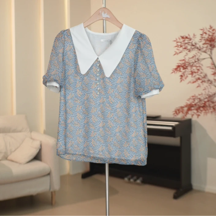 G891 钉珠装饰拼色娃娃领碎花雪纺衫女 5D26