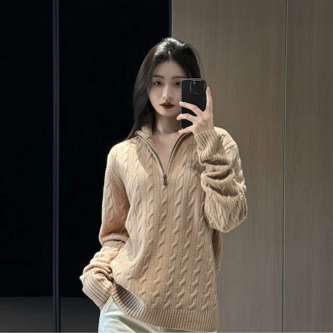 羊毛羊绒半拉链针织长袖刺绣秋季衫时尚冬季宽松套头