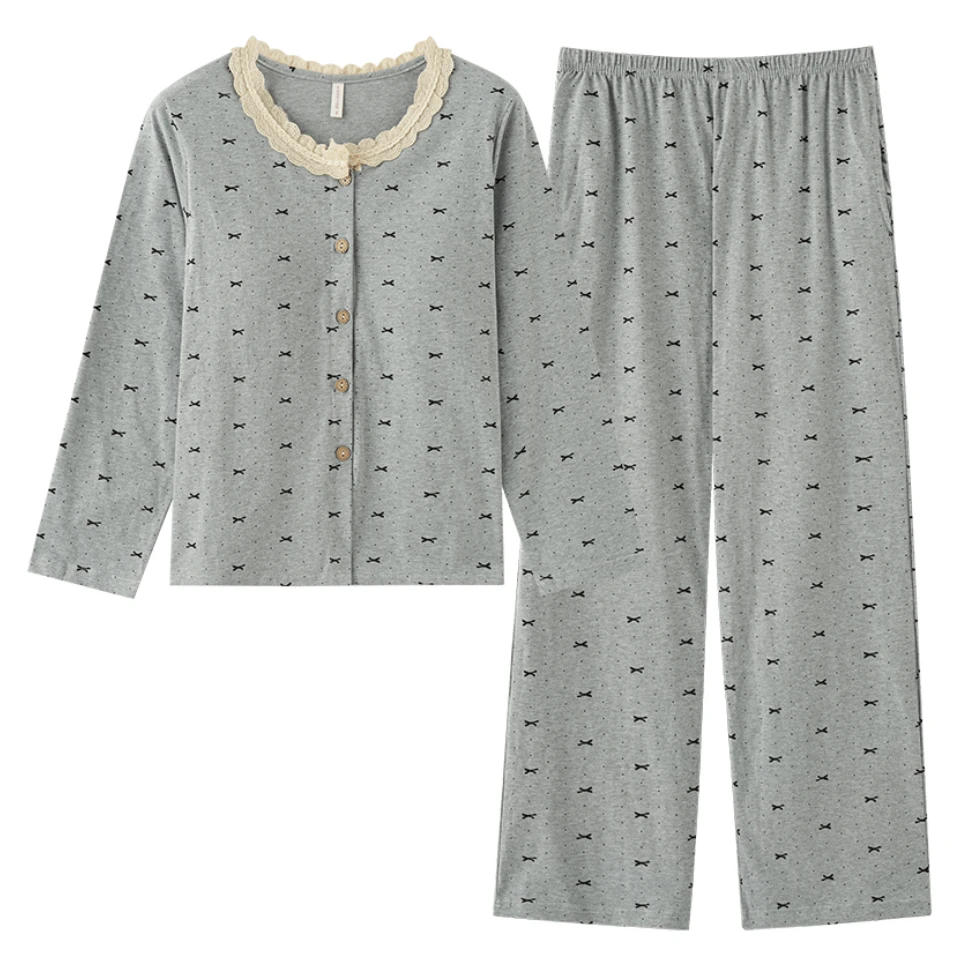 春季纯棉雾灰蝴蝶结睡衣女ins慵懒风韩版宽松家居服套装甜美少女