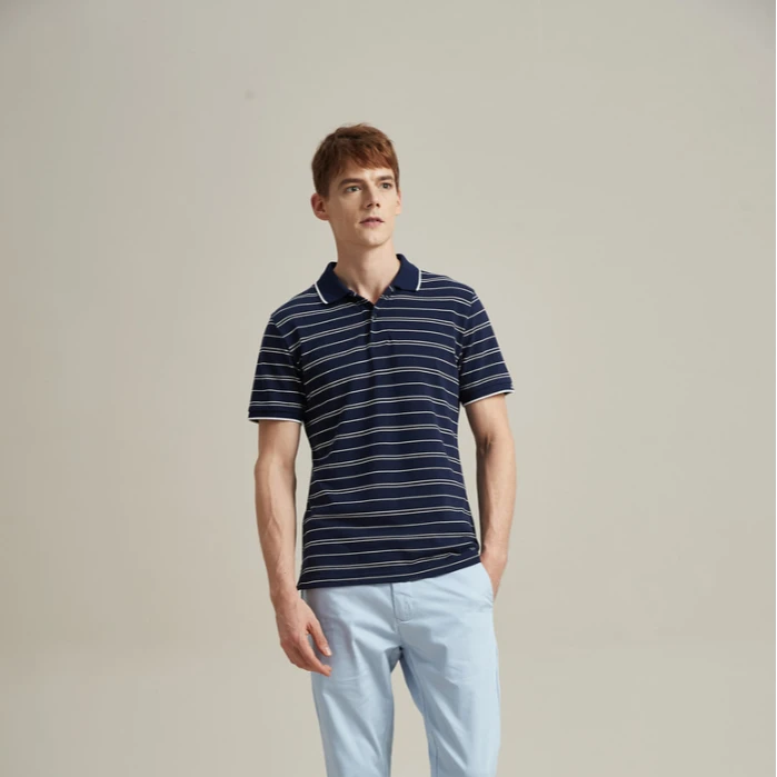 【甘】【好货】夏季男士时尚条纹休闲舒适通勤翻领短袖POLO衫2012056