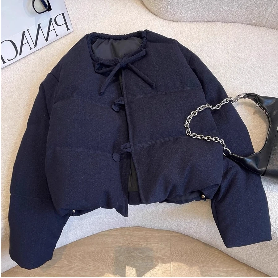 藏青色复古蝴蝶结系带圆领棉衣棉服女秋冬韩版简约小个子夹棉外套
