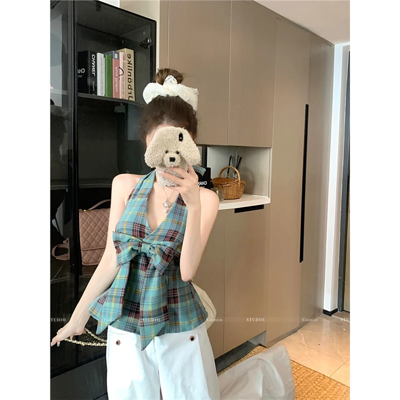 蝴蝶结格纹美背v领挂脖背心女夏季修身收腰无袖外穿辣妹显瘦上衣