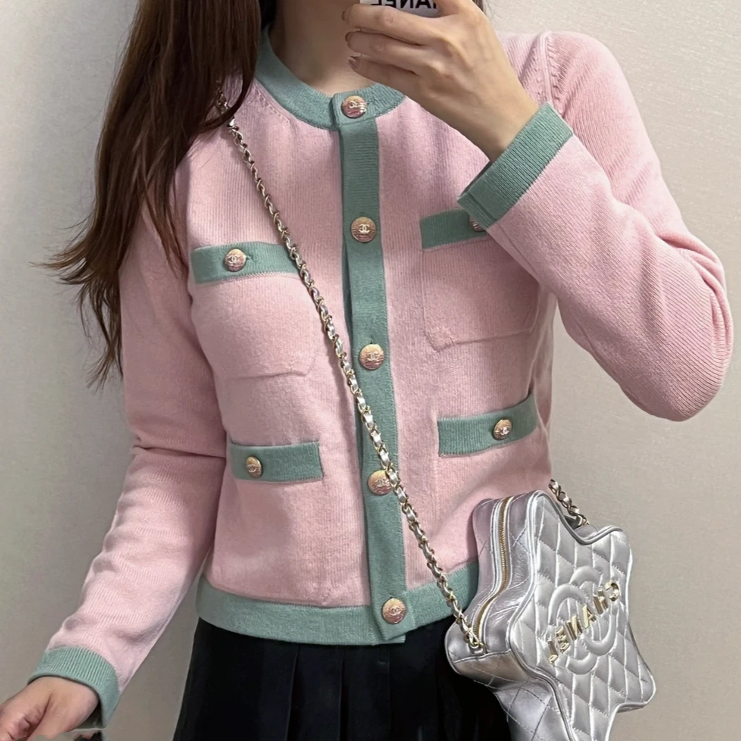 99新 Chanel/香奈儿 36码24C粉色拼绿色边四口袋针织开衫