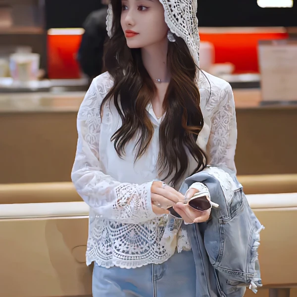 欧货重工钩花镂空连帽蕾丝衬衫女2025新款洋气休闲别致防晒衫上衣