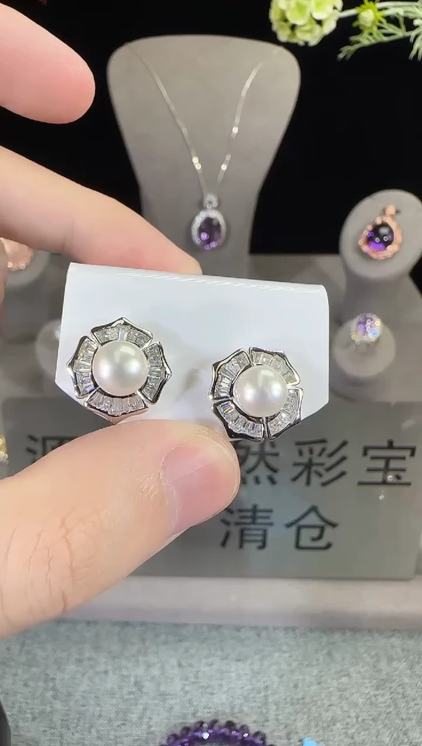银S925镶嵌淡水珍珠耳饰14mm耳钉1