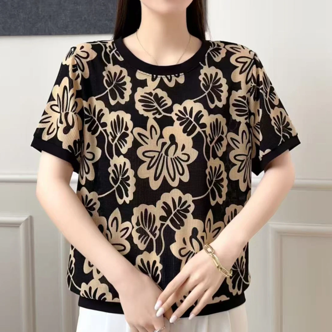【丽姐家】夏季新款妈妈装短袖时尚洋气宽松百搭女士圆领大码上衣