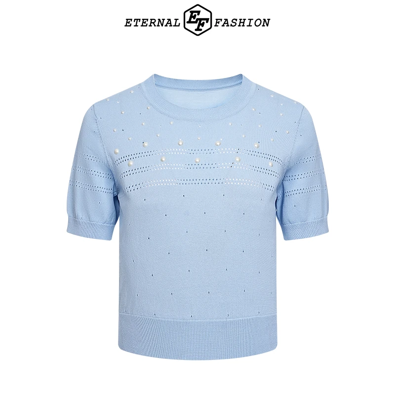 E-EF春夏新款气质时尚圆领钉珠设计短袖针织衫E1242M0018
